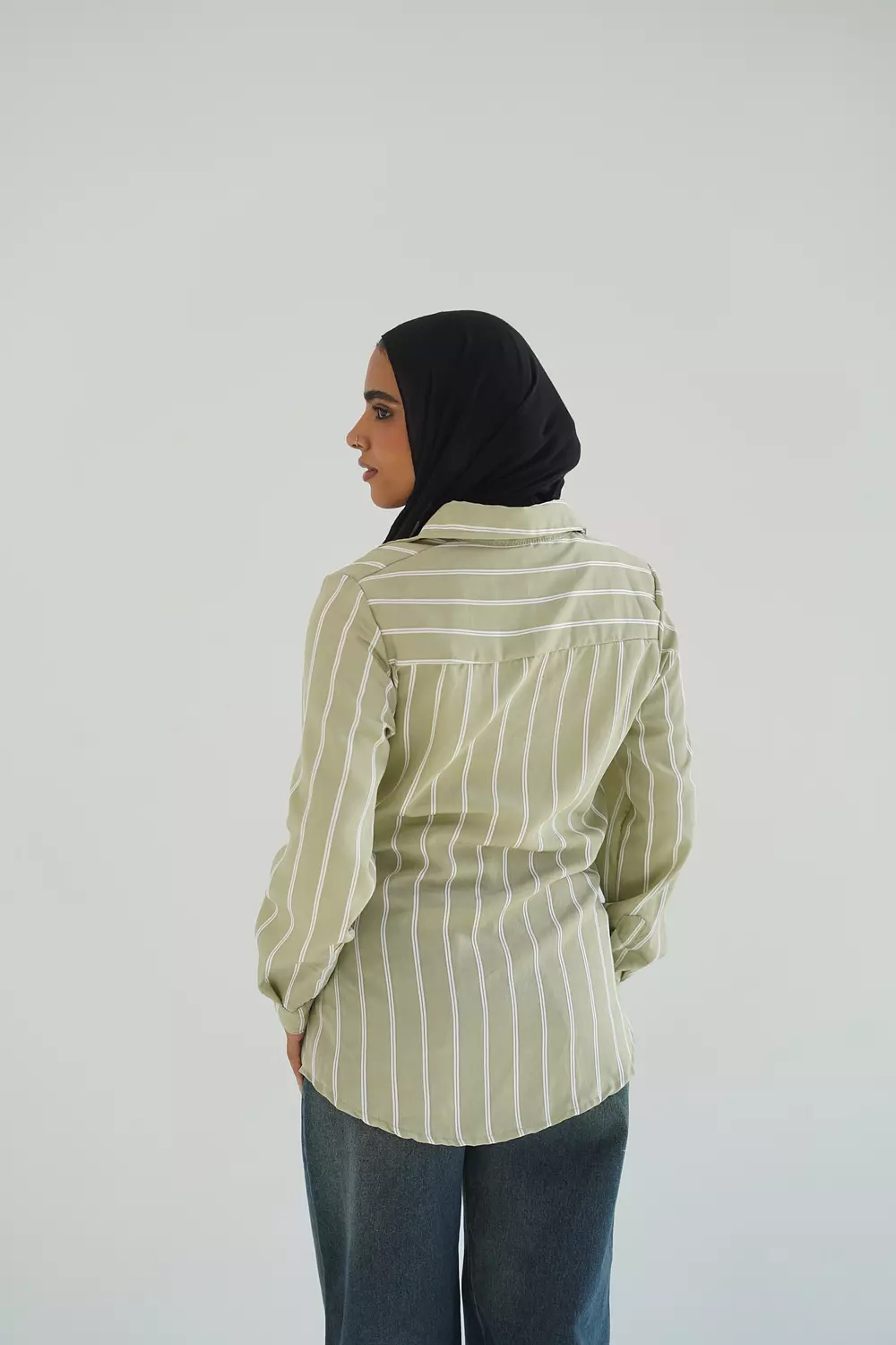Olive long striped shirt with side tie-2nd-img