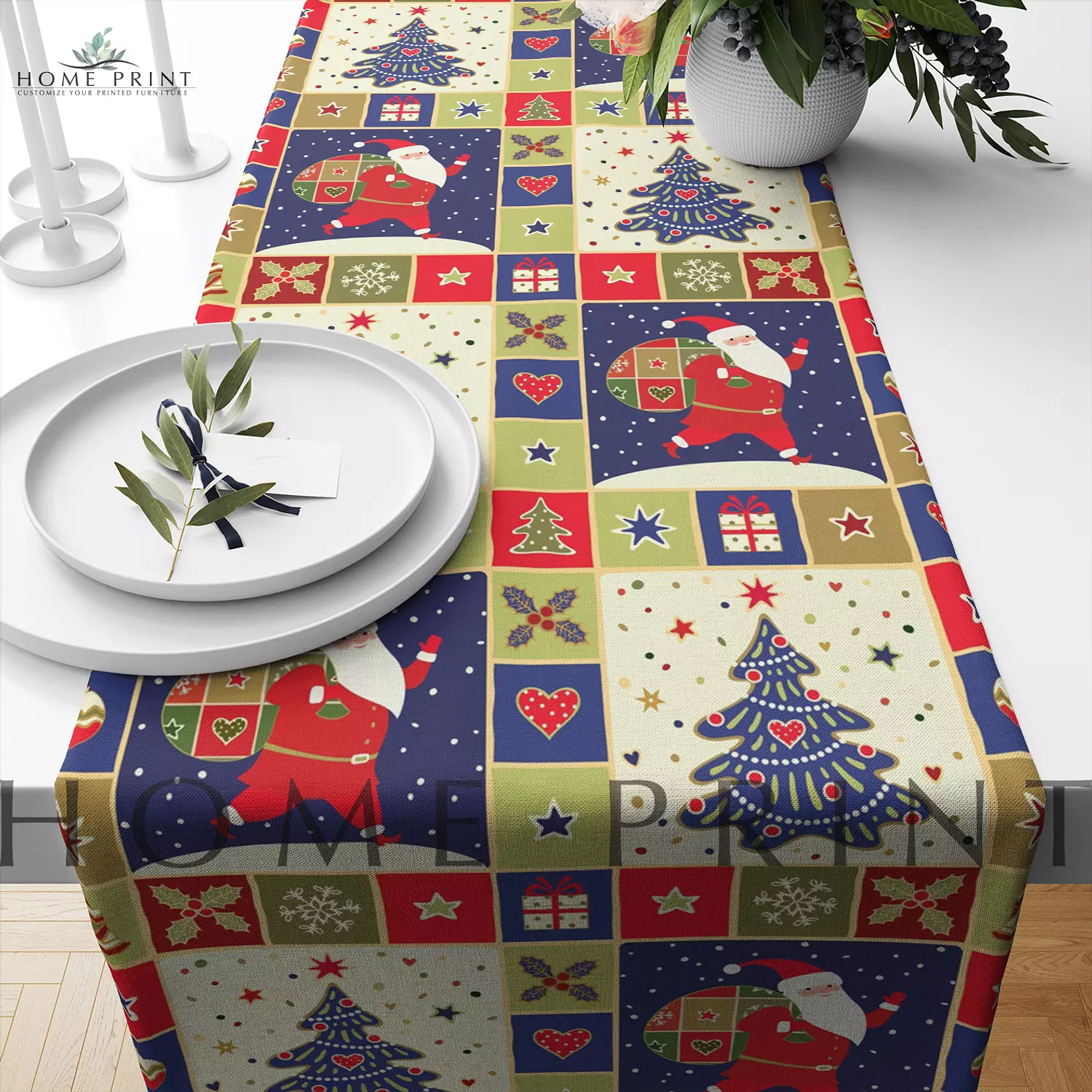 Christmas Runner - Santa Claus and Christmas Trees - Multi color image