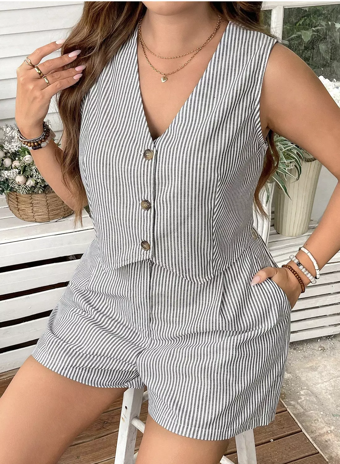 SHEIN Stripe Front Buttoned Women Two Pieces  Set   image