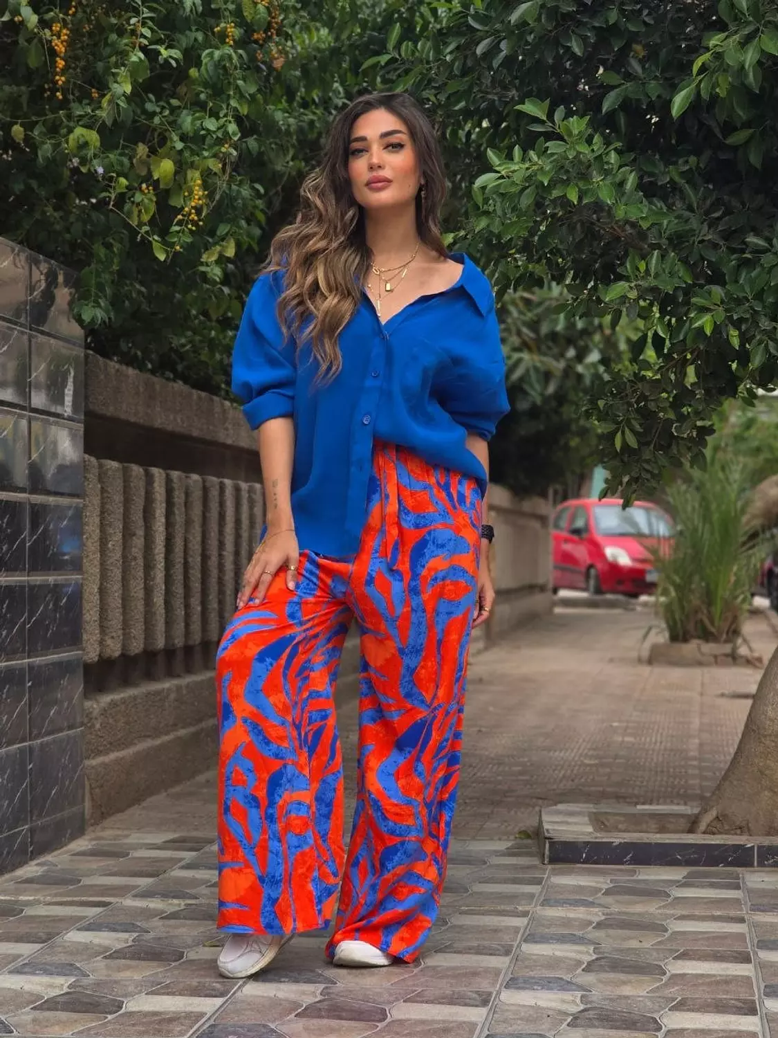 Orange blue pattern pants image