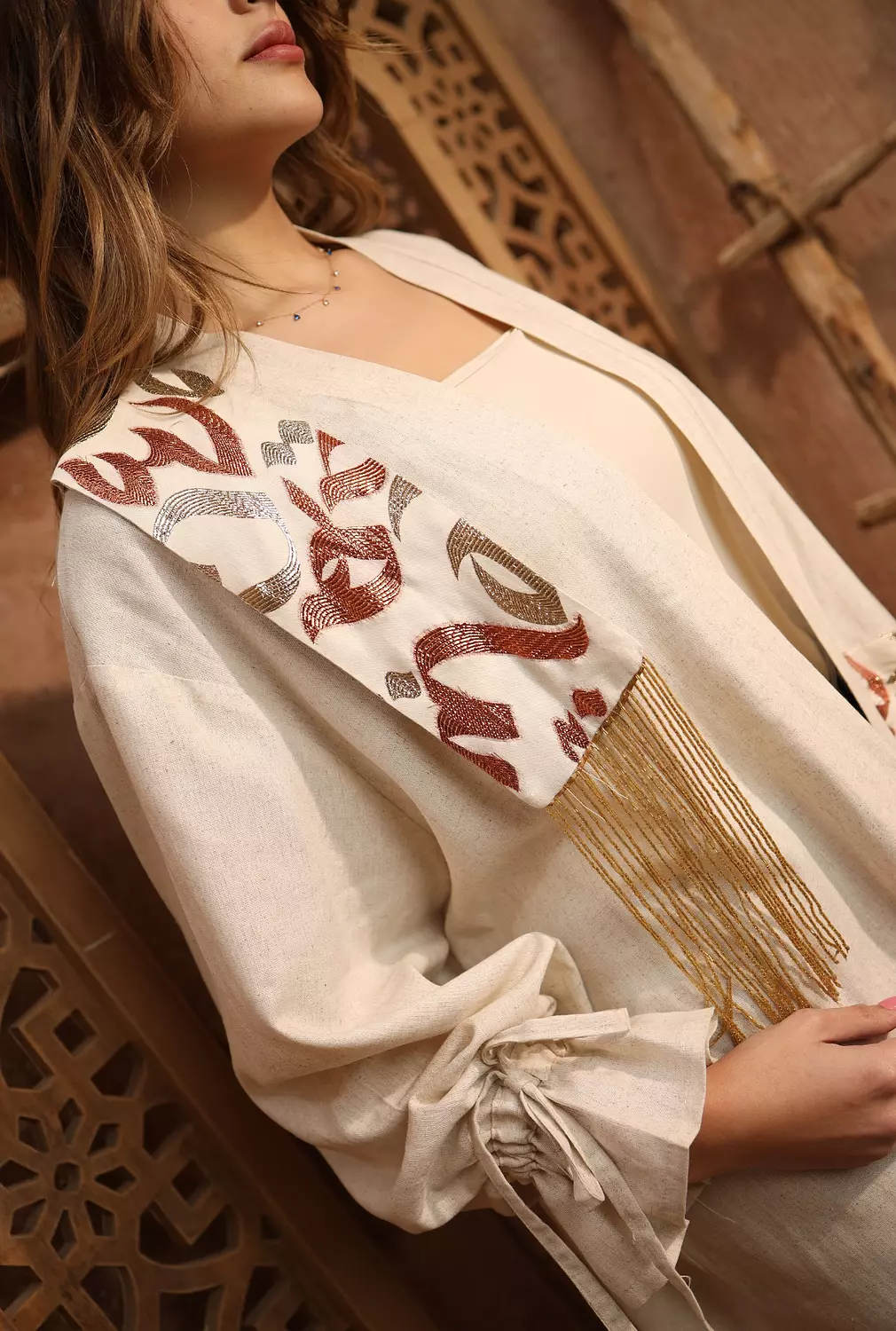 Arabic Calligraphy Tassels Kaftan (OrangexBeige)  3