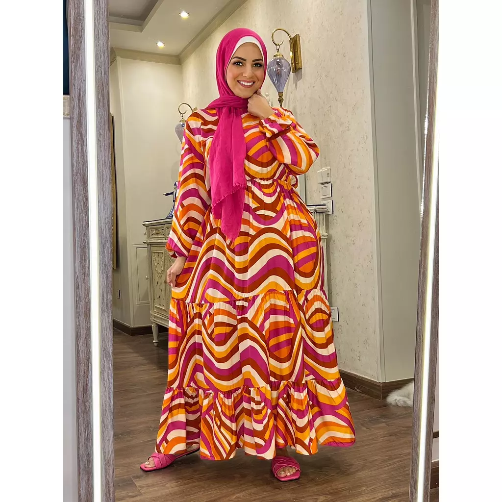 Long Sleeve Waisted Dress -  Fuchsia, Off White & Havan