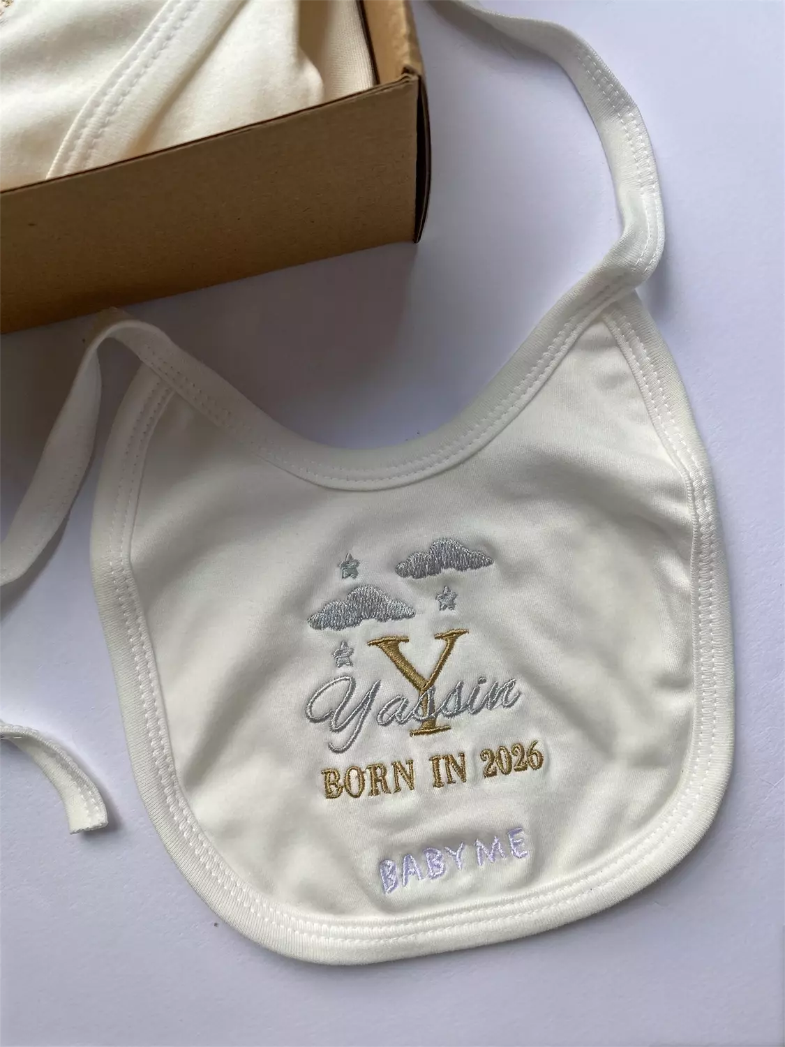 Gold With Silver Letter +Name + Date with Clouds and Stars  Embroidery Design  1