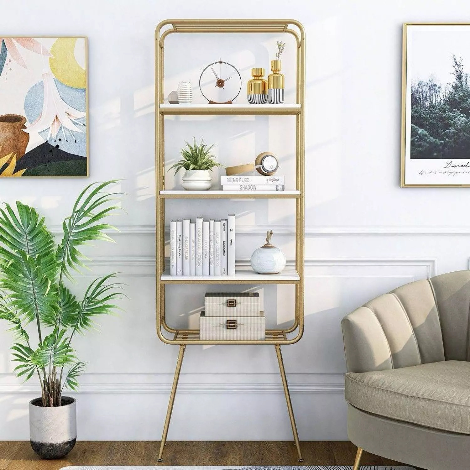 Metal display unit with wood shelves hover image