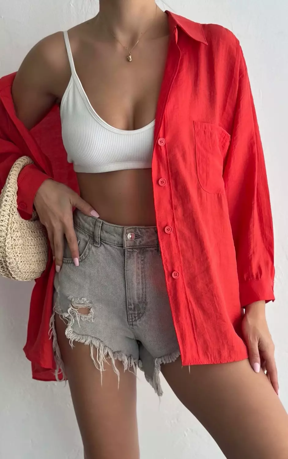 Red oversize linen shirt  hover image
