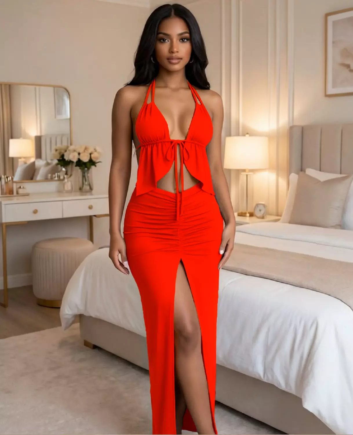 Halter Crop Top & Ruched Slit Maxi Skirt 4