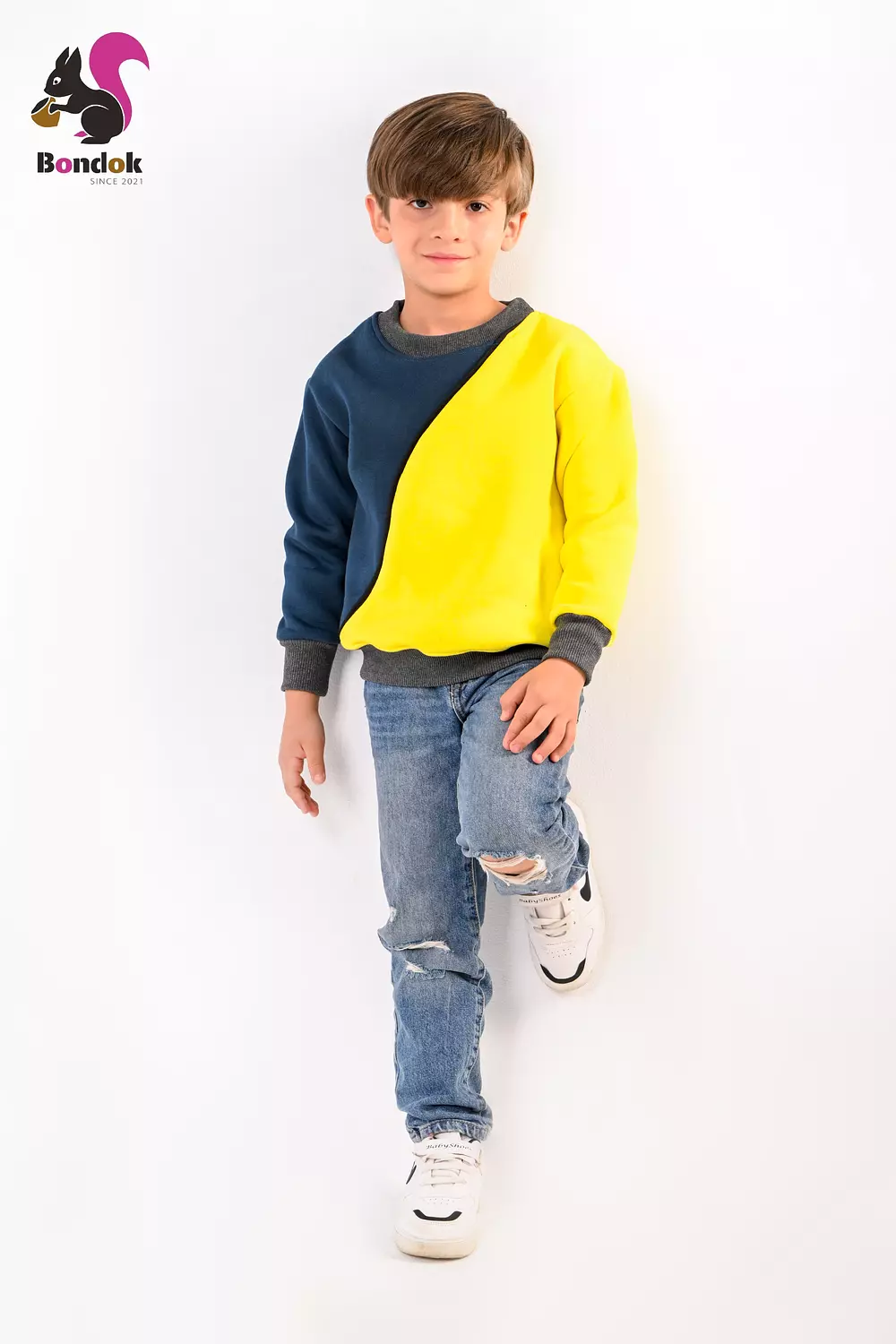 Bondok Kids Color-Block Sweatshirt – Warm Malton Fleece, Soft Rib Neck & Cuffs, Winter Weight – Boys (3–14 Years) – Multiple Colors image