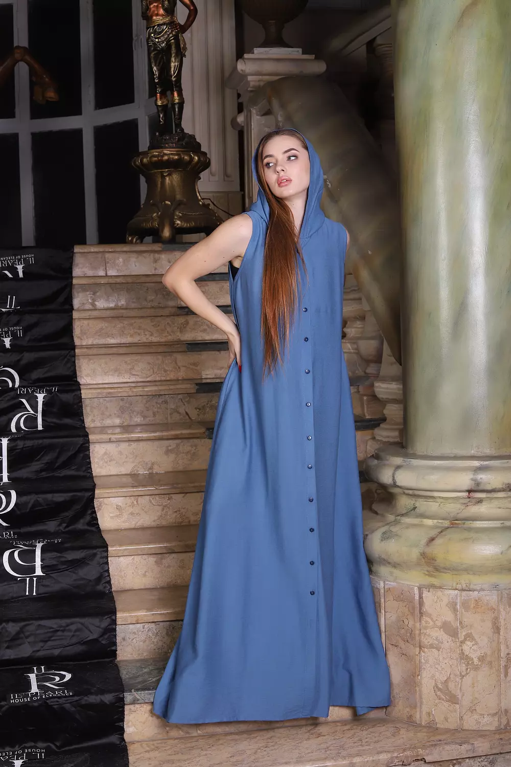Hooded Soft Linen Cut Dress - Blue hover image