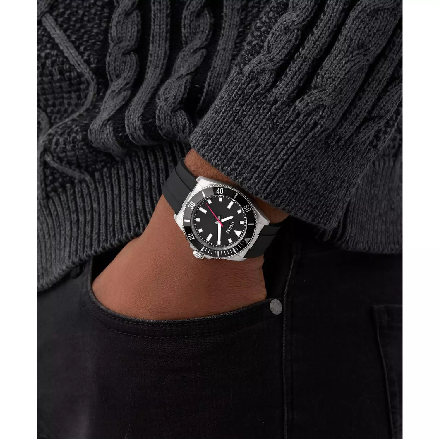 GUESS Mens Black Silver Tone Analog Watch Black Silicone Strap GW0969G1 5