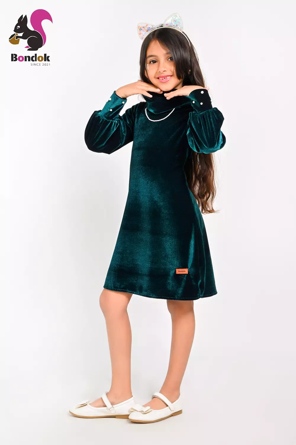 Pearl Slim Dress for Girls, Velvet Long Sleeve (RED, BLACK, EMERALD GREEN, NAVY BLUE AND DEEP FUCHSIA) 14