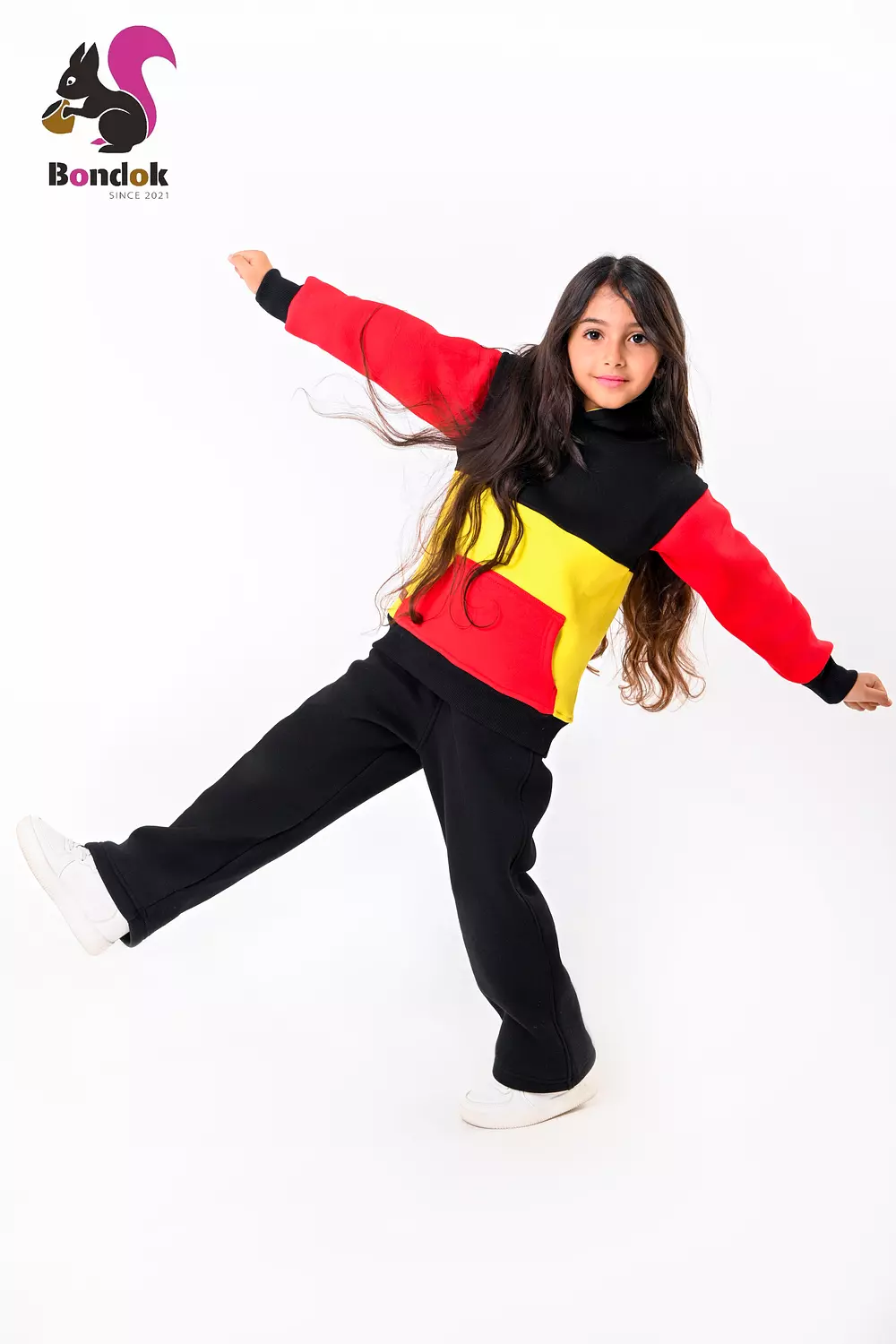 BONDOK Kids Color-Block Hoodie Tracksuit Set – Warm meltone Top & Jogger Pants, Kangaroo Pocket, Soft Lining, Girls Winter Outfit (Ages 3–14) 1