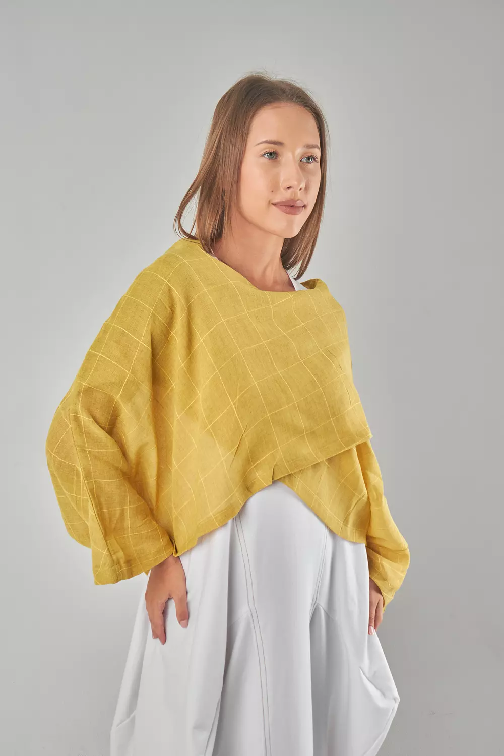 Yellow Cropped Mesh Linen Top  hover image