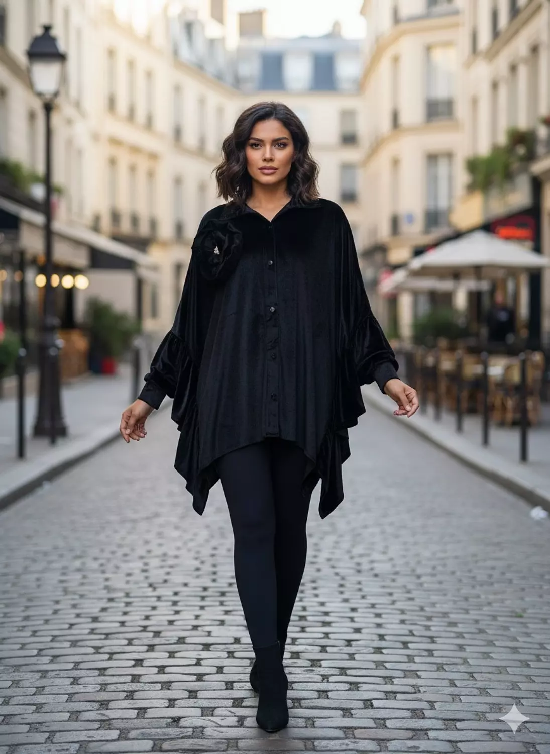 Elegant Ruffled Buttoned Cape – Black 1