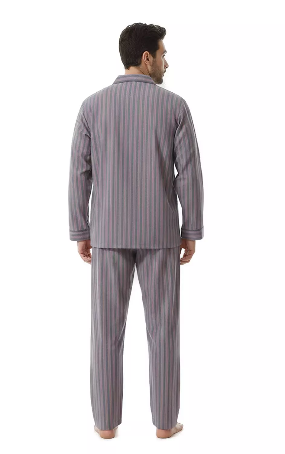 بيجاما رجالي مقلم كم طويل - 2393- مخطط باللون رمادي *احمر 3