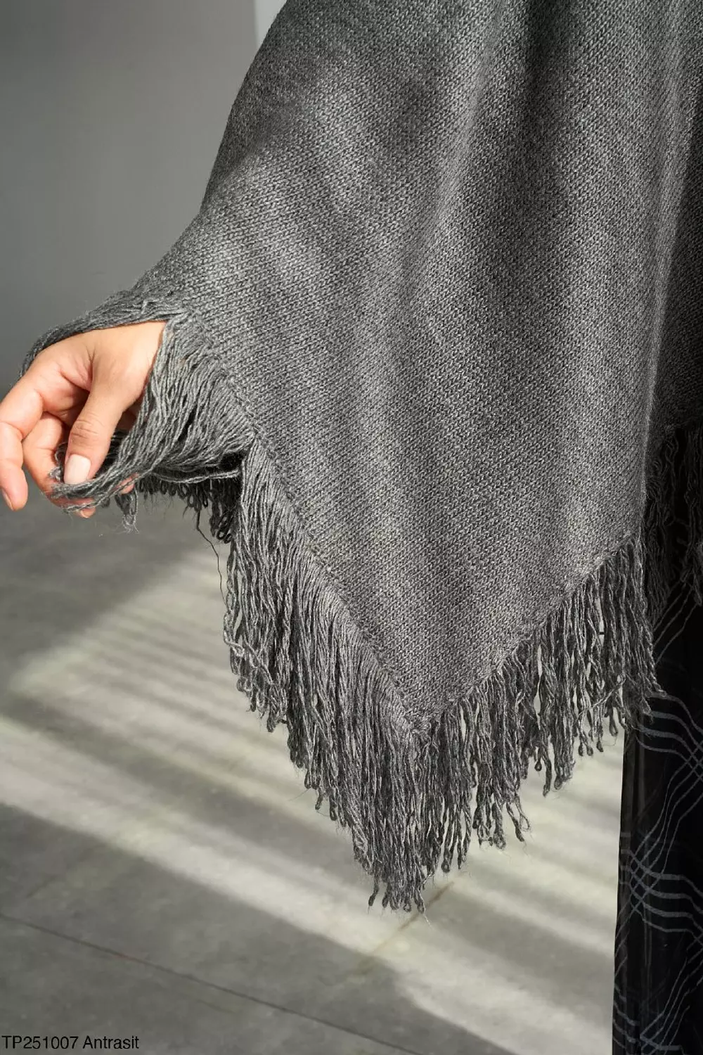 Grey Poncho High Neck With Fringes  7