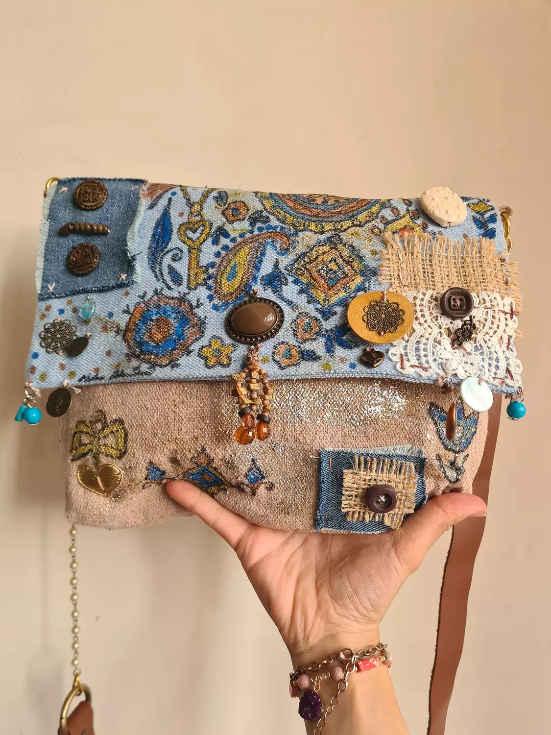 Mixed media fabric bag with genuine leather long strap image