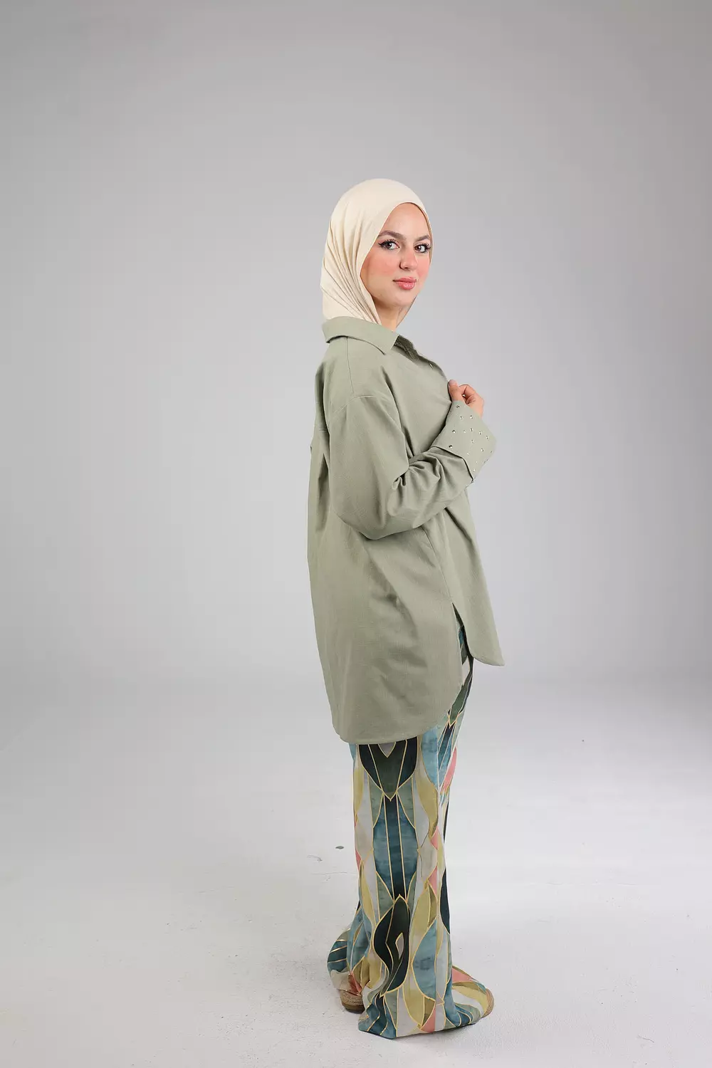 Olive studded linen shirt 4