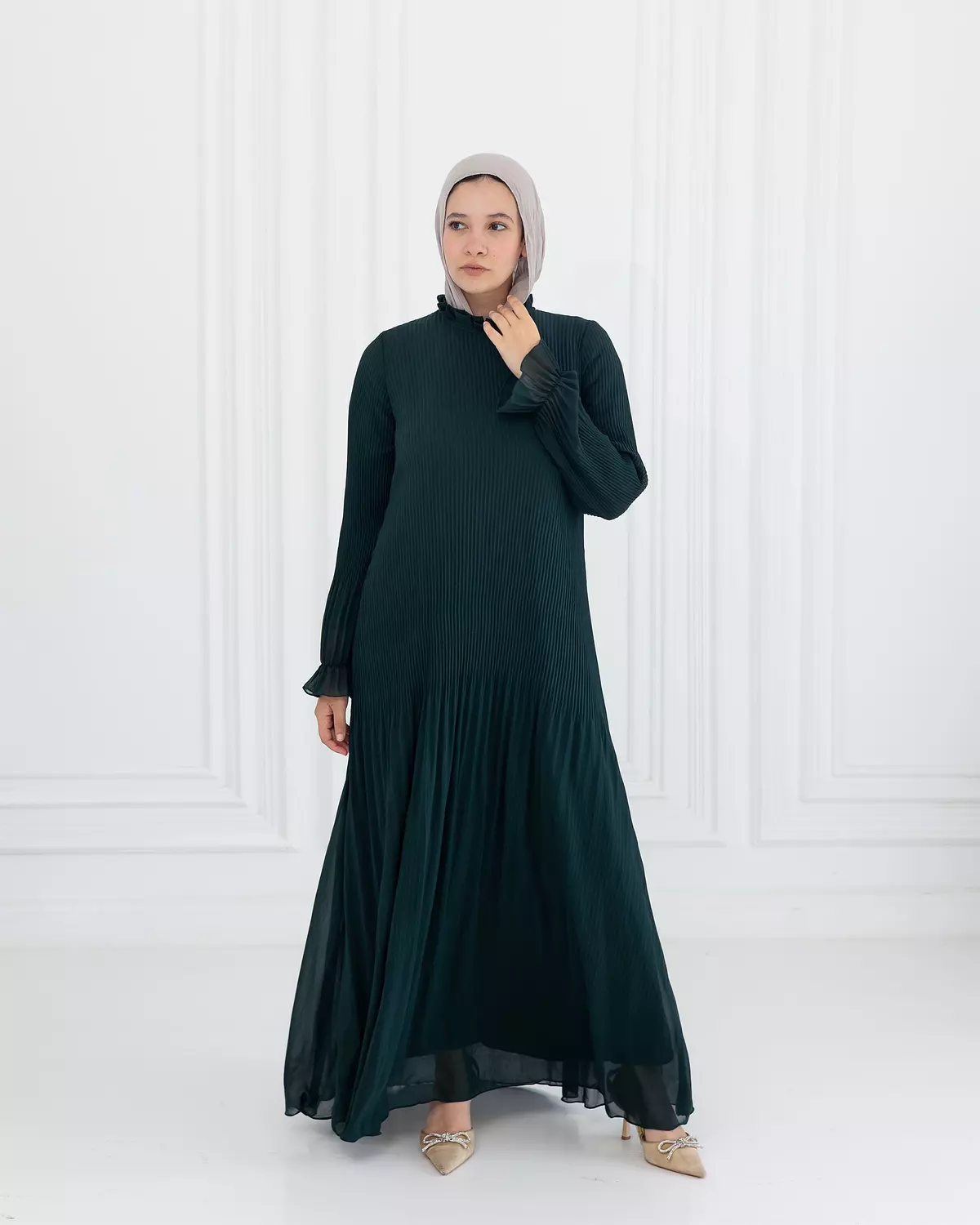 Chiffon Pleated Dress | Olive image