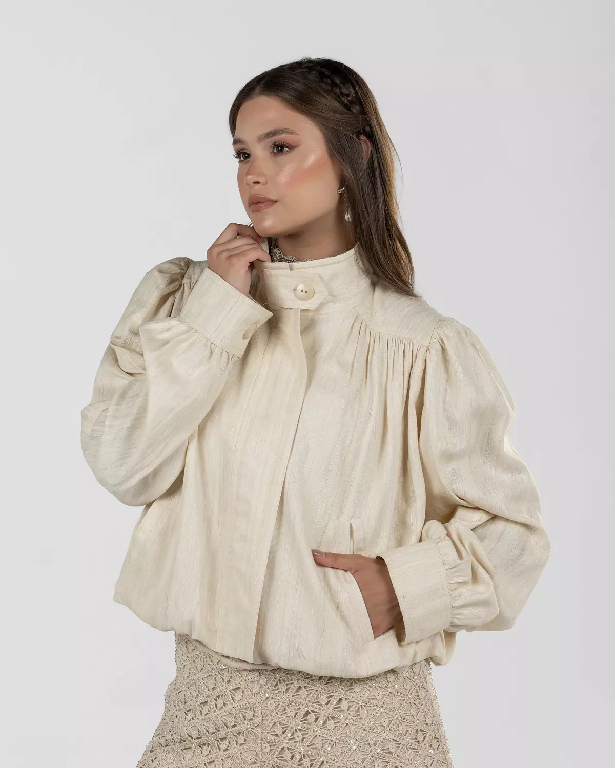 Refined Off-White Silk Jacquard Turtleneck Top 10