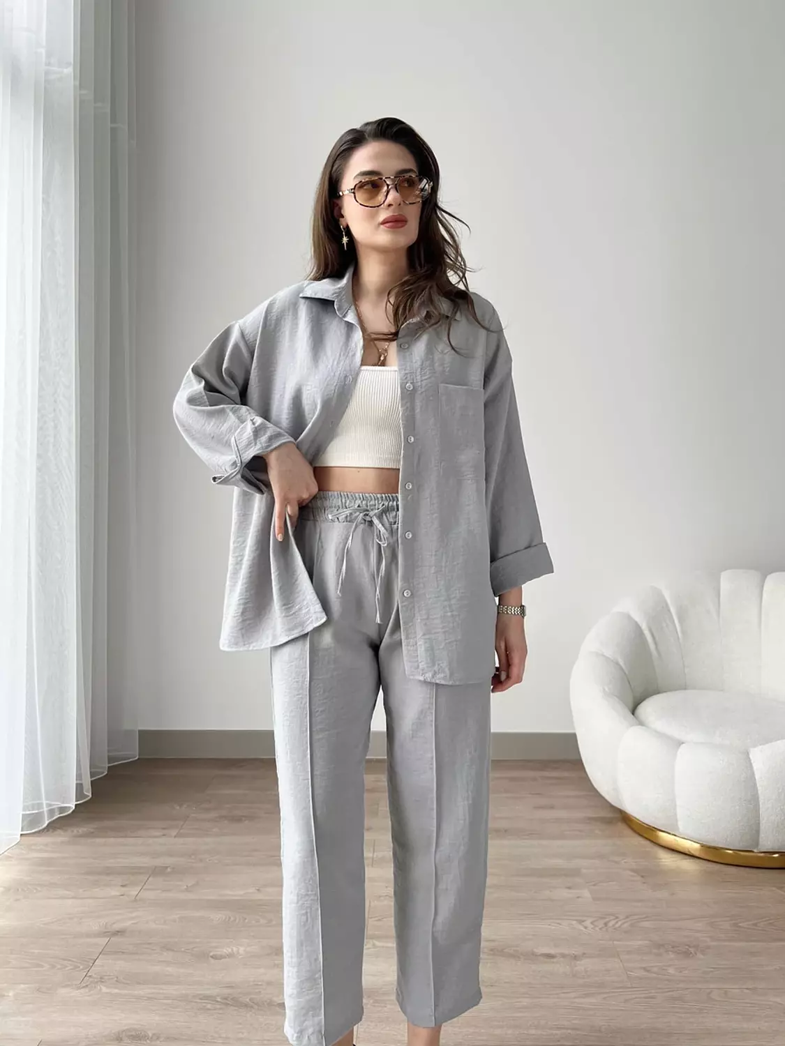 Short Leg Relax Fit Shirt Trouser Set - gray 1