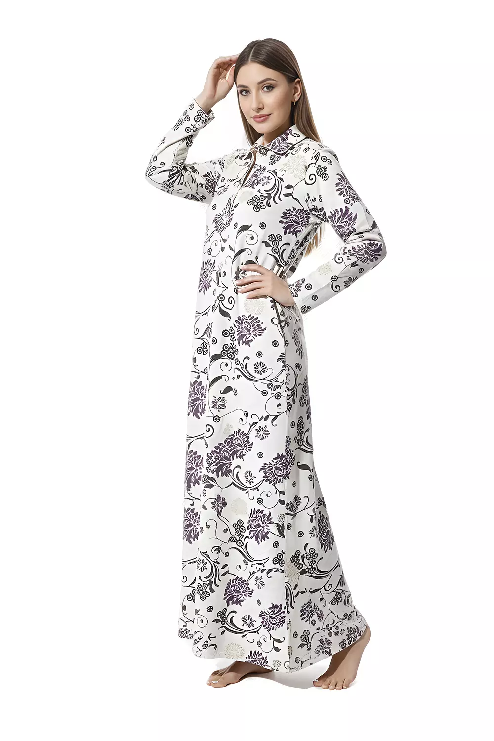 Shorto Women's Collar Fleece Flowers Printed Nightgown - 2647 - Sugar Beige 2