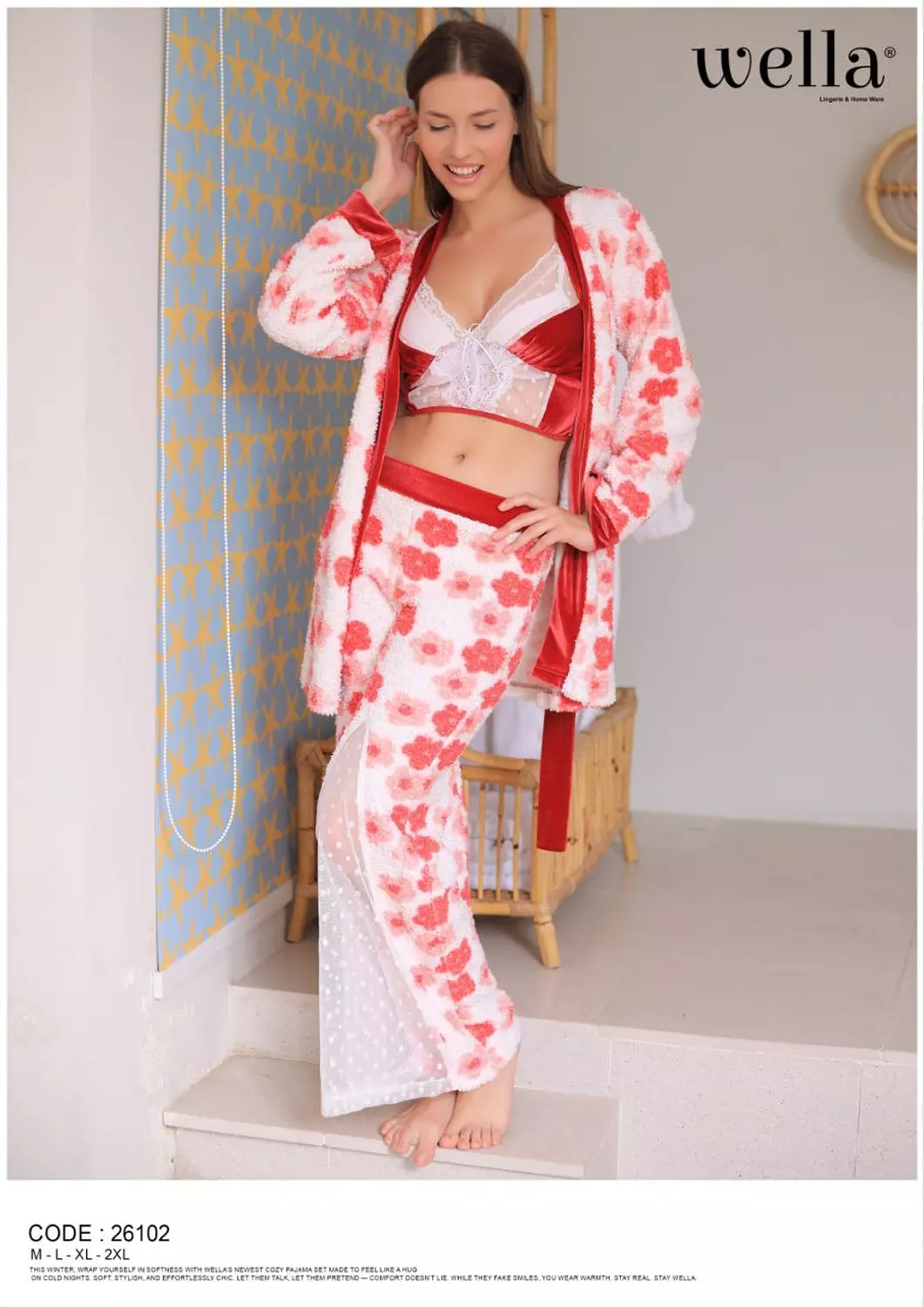 Red Flowery Pajama Set – 3 Pieces  image