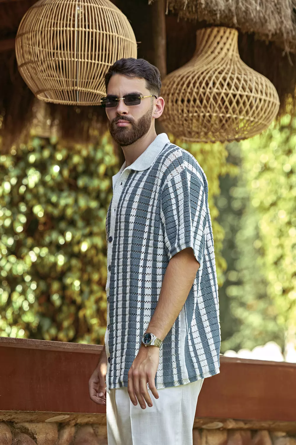 Retro Striped Crochet Button-Up Shirt image