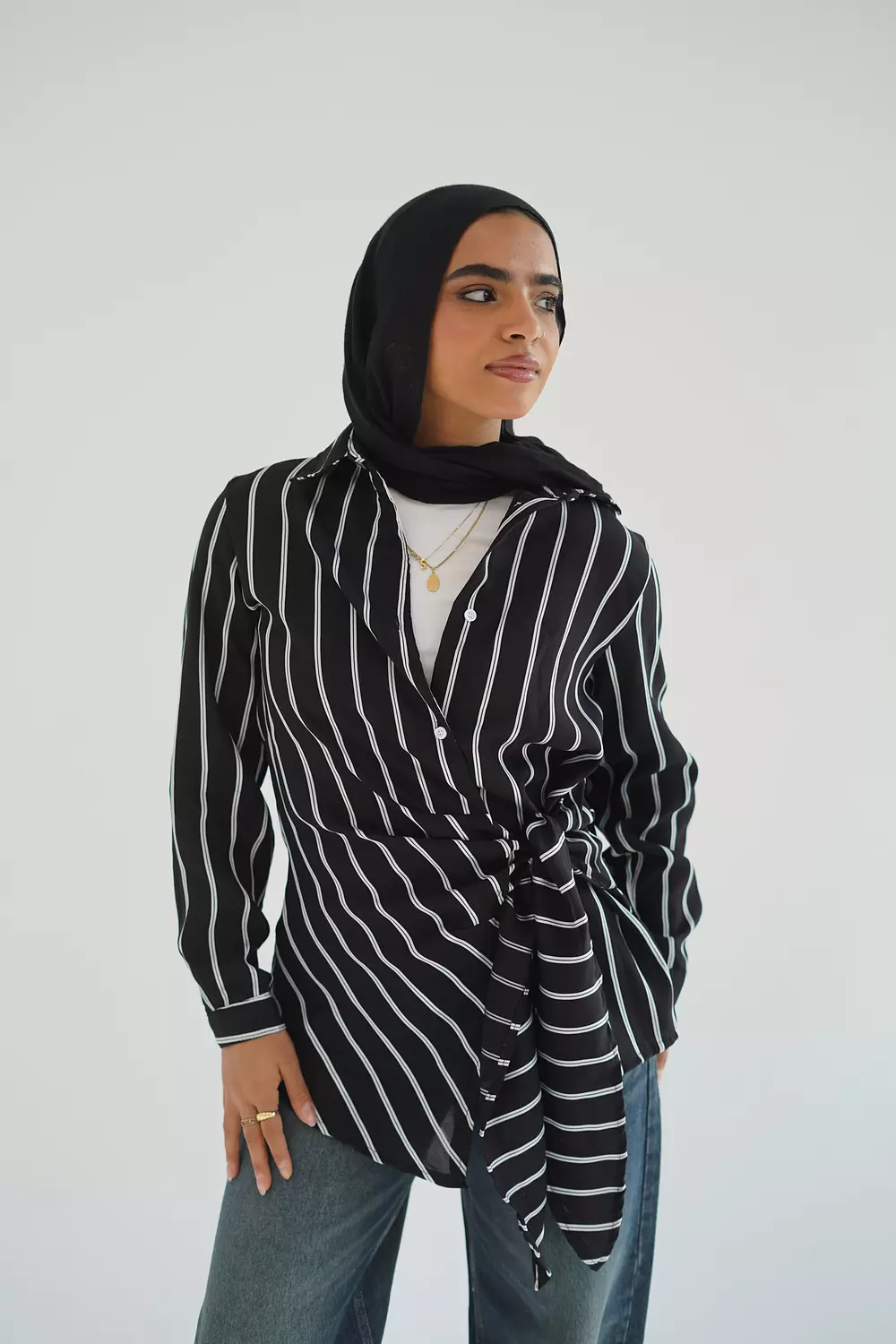 Black long striped shirt with side tie 2