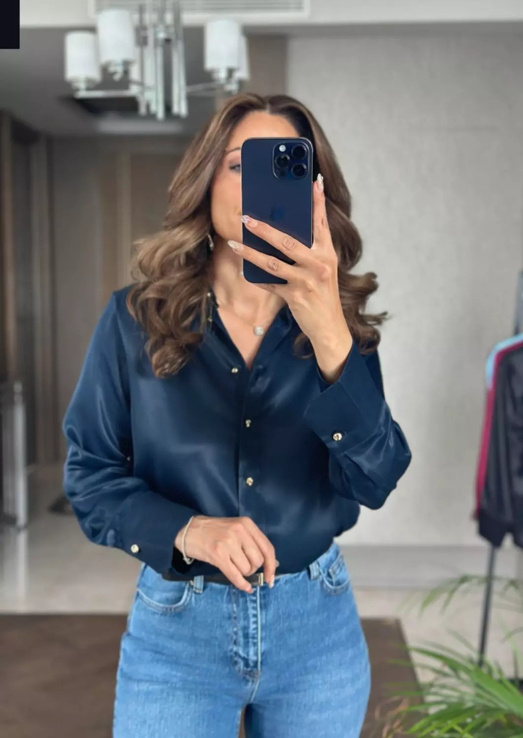 Navy Satin shirt with gold buttons  2