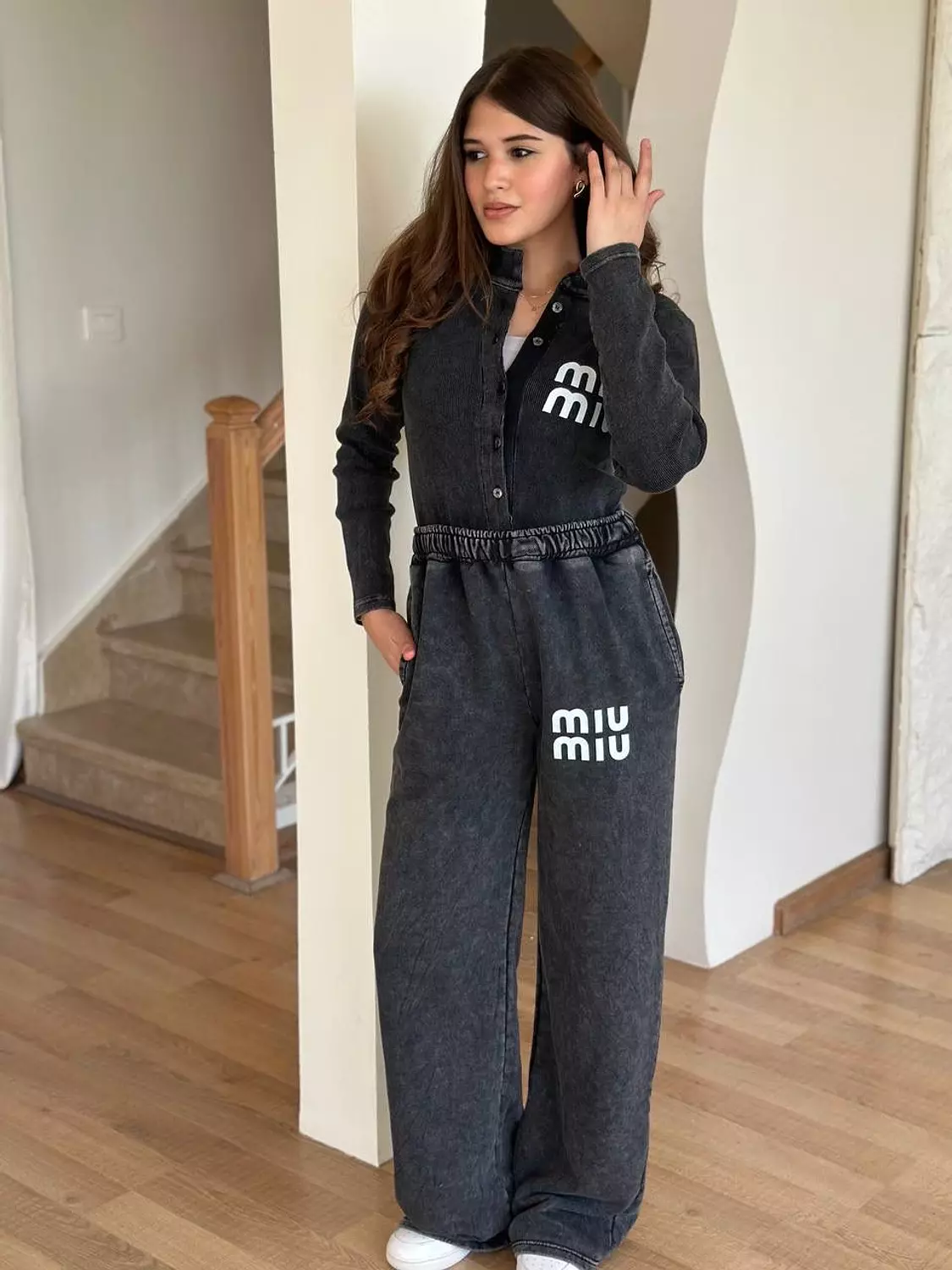 Washed Black MIU MIU-Style Cotton Jumpsuit 4