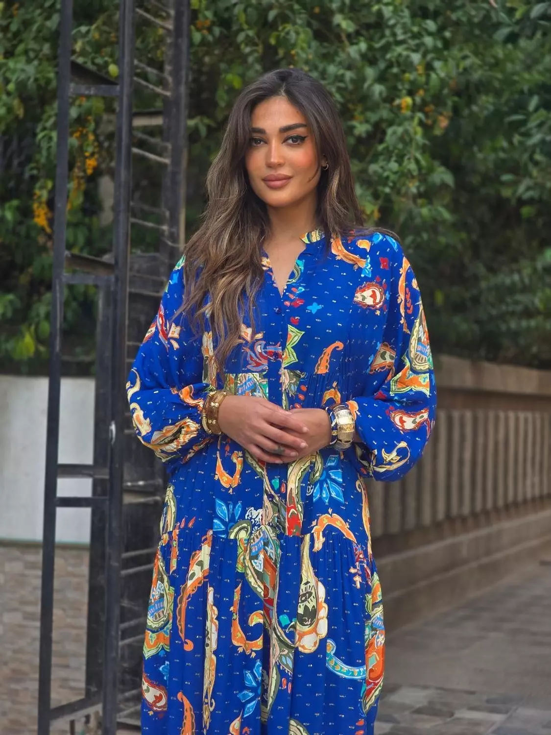 Royal blue multicolour dress with gold shimmer image