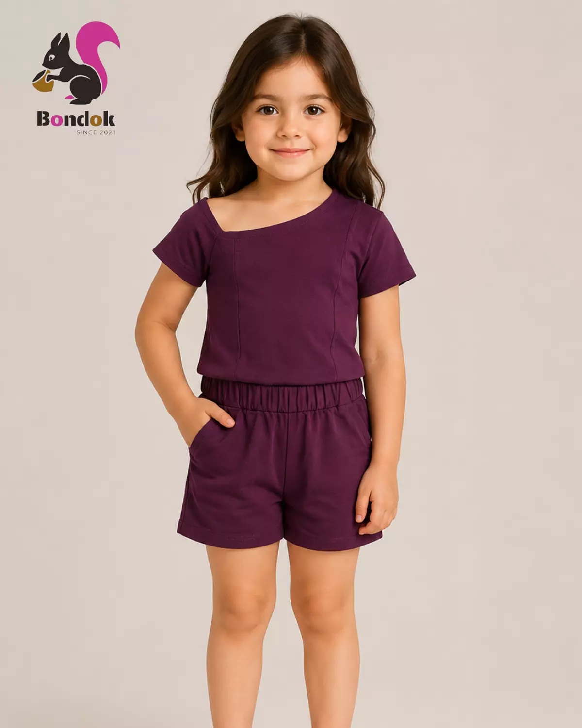Girls’ Burgundy Asymmetrical Top and Shorts Set, 2-Piece Casual Summer Outfit image
