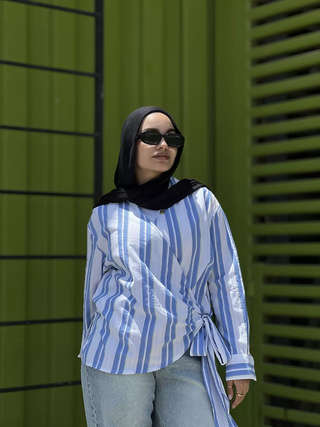 White blouse with double blue lines and side tie image