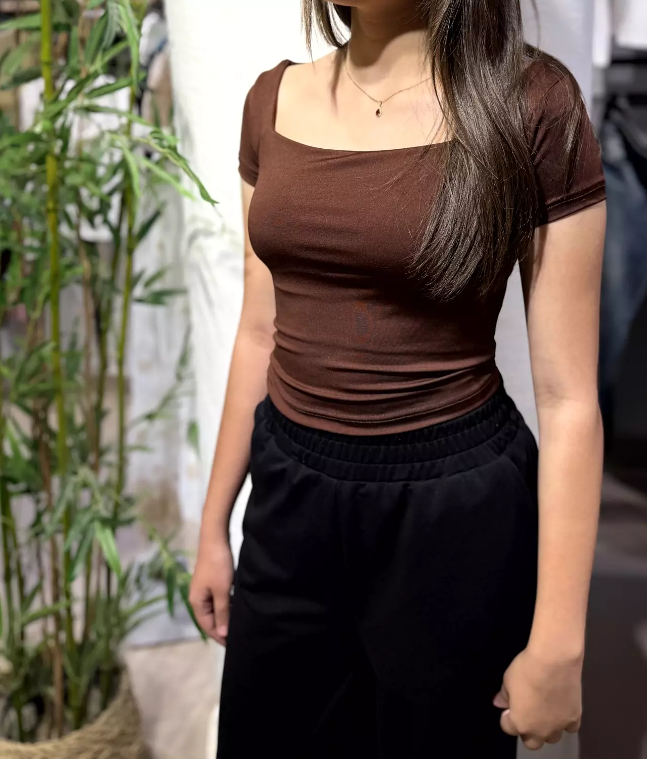 Square Neck Fitted Top | Brown image
