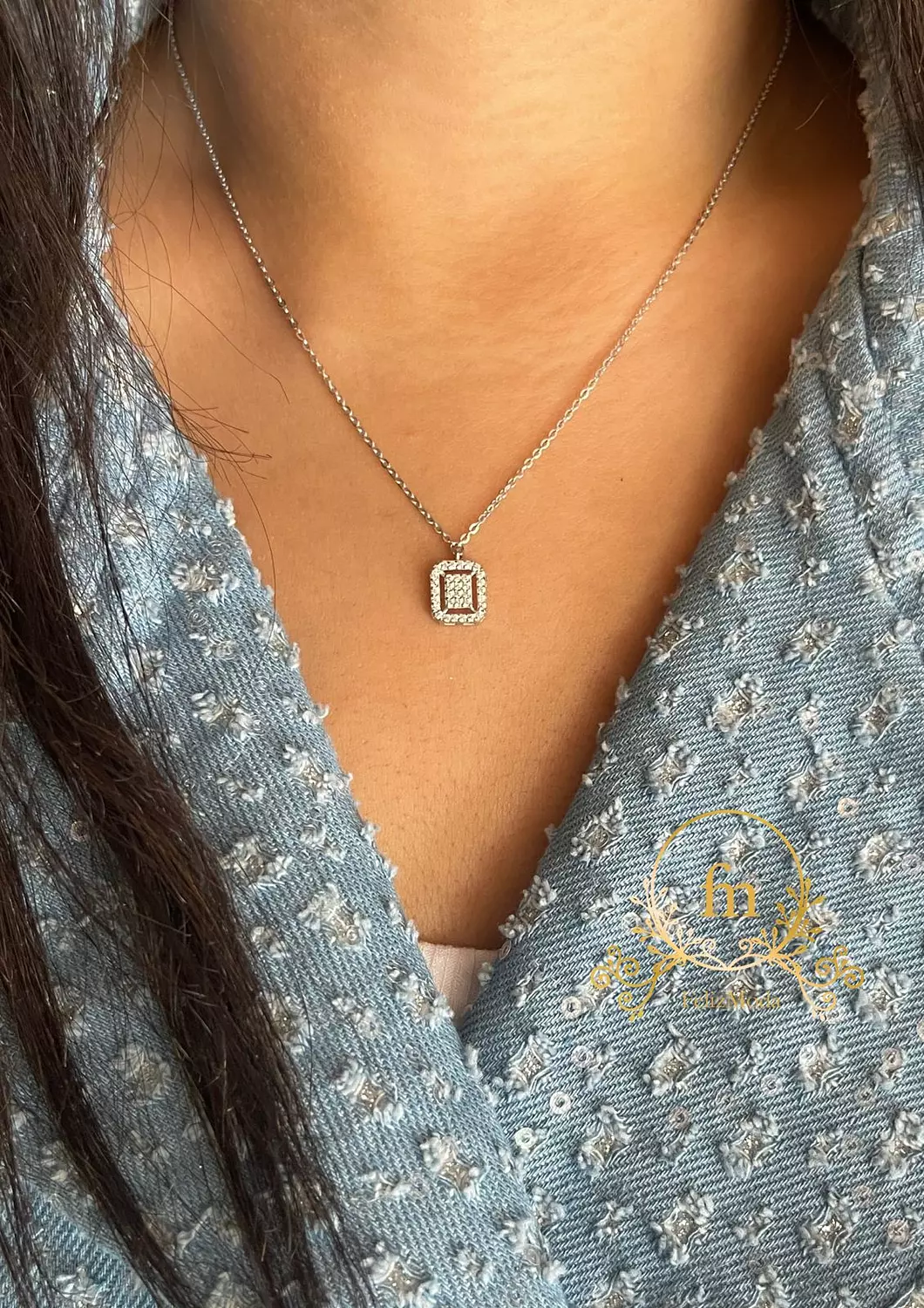 Square zircon stone silver necklace image