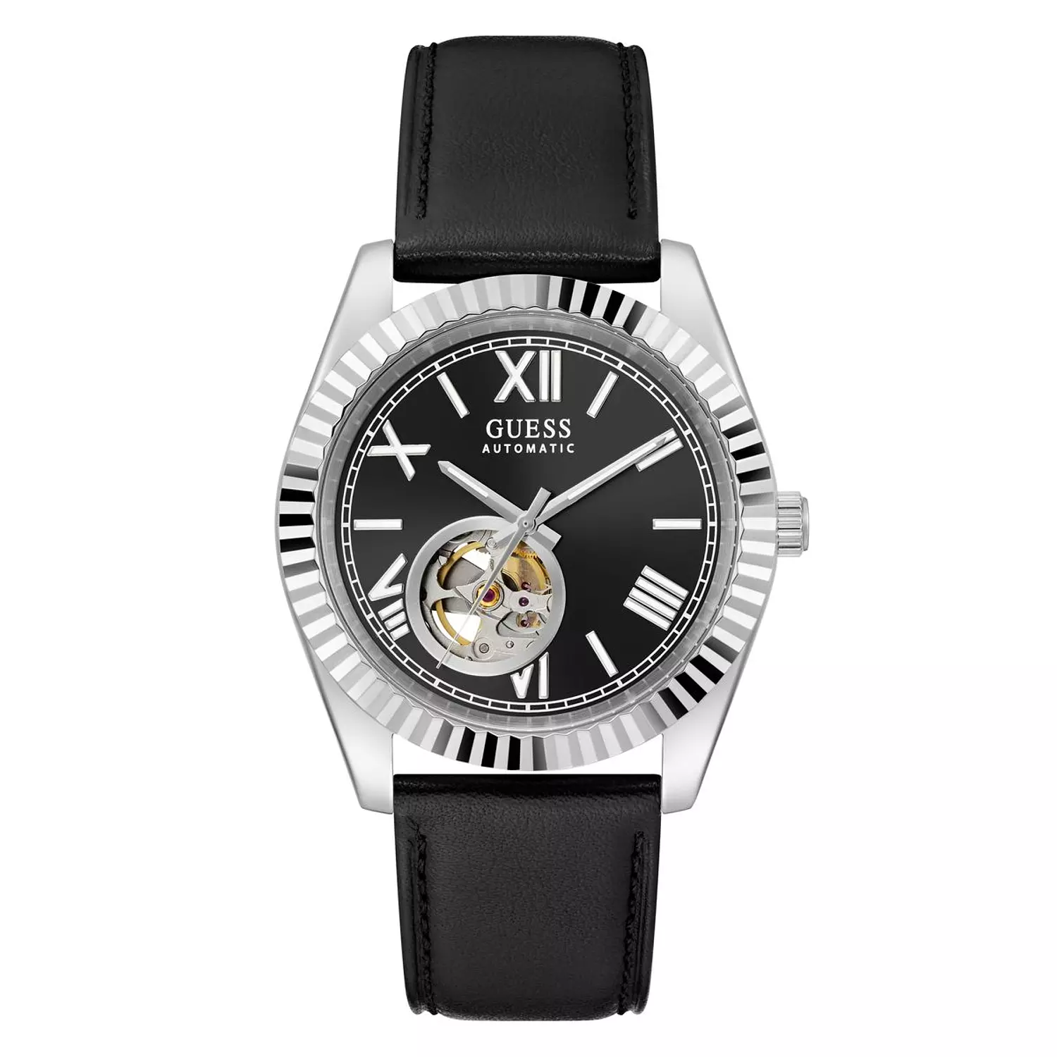 GUESS CONNOISSEUR Mens Black Silver Tone Automatic Watch Black Genuine Leather Brushed/Polished Strap image