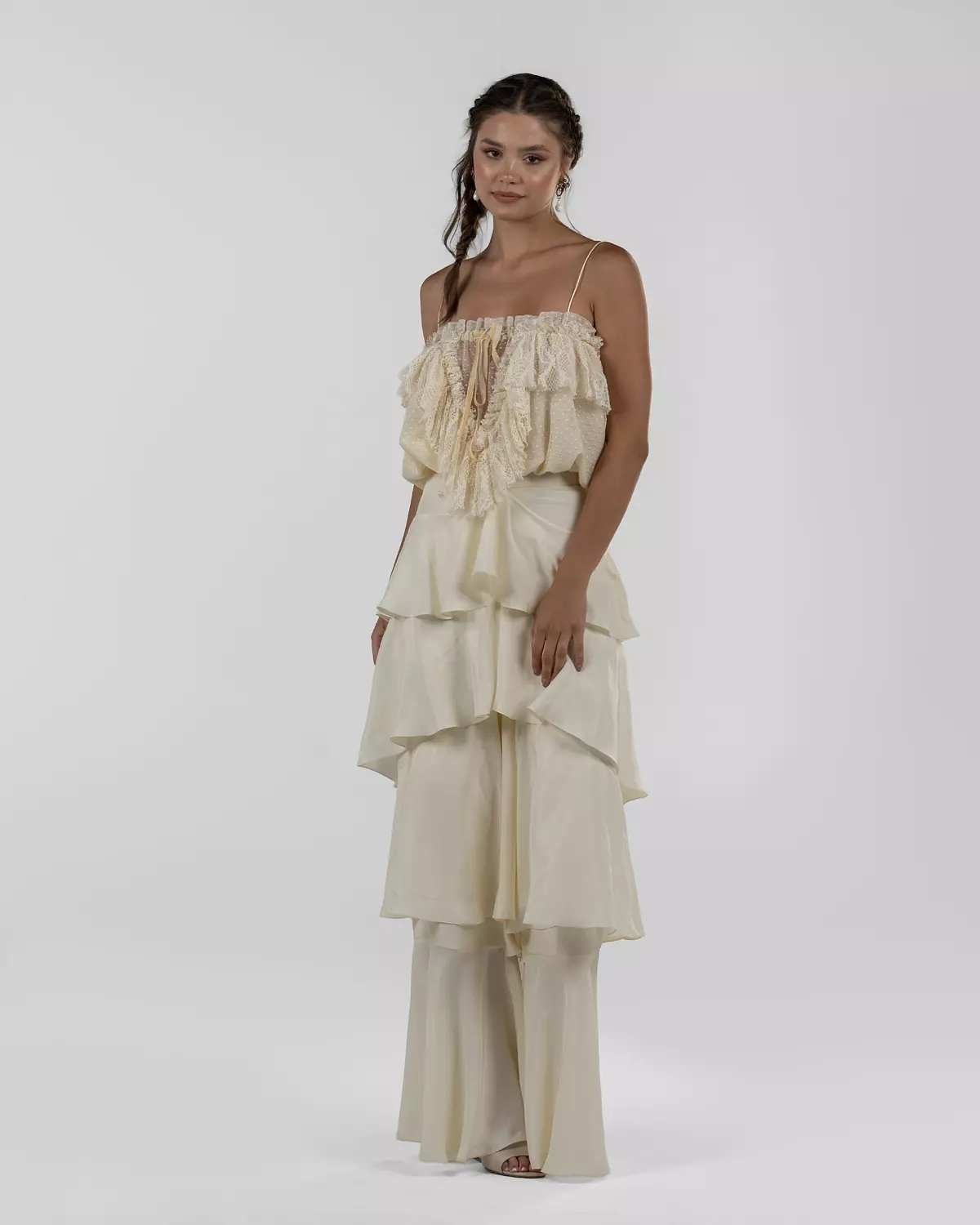 Chic Off-White Silk Ruffled Wide-Leg Pants 10