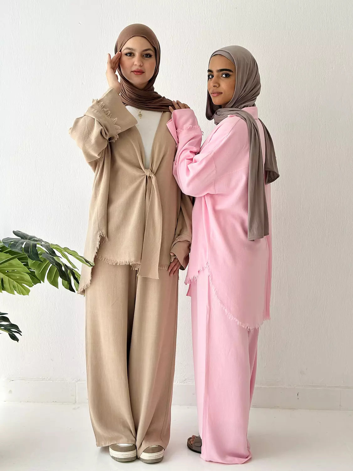 Front Knot Linen Set In Pink 4