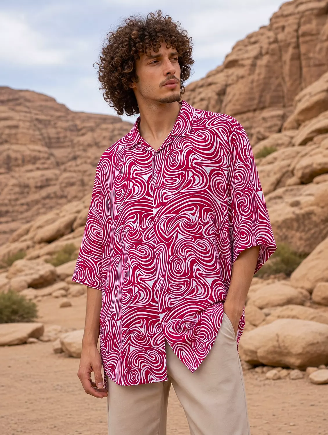Red and White Swirled Stripes Loosefit Viscose Shirt 2