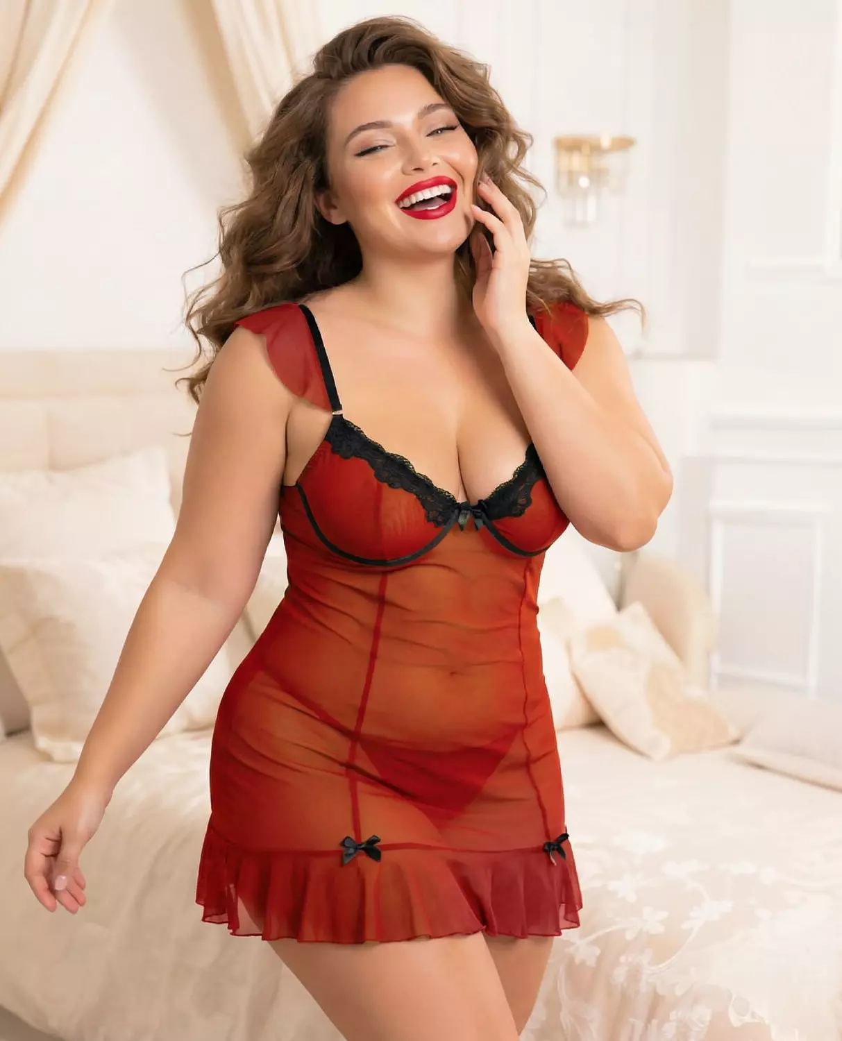 Lace Trim Chemise with Ruffle Hem hover image