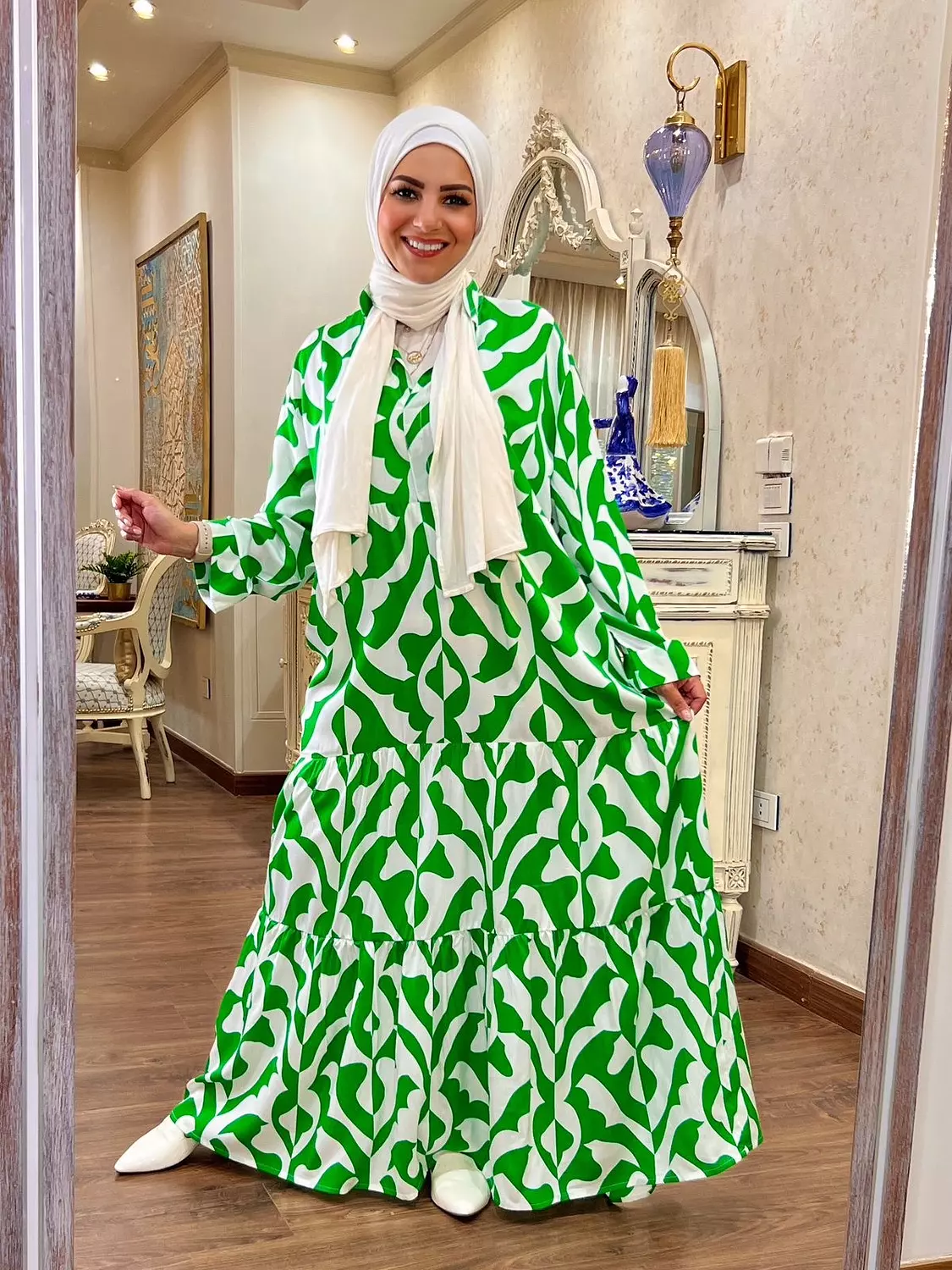 Long Sleeve Over Sized Printed Dress - Green