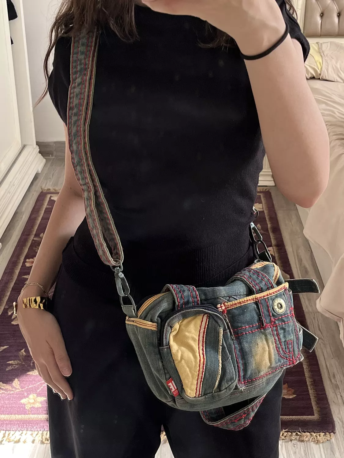 Denim diesel bag with pink stitching 2