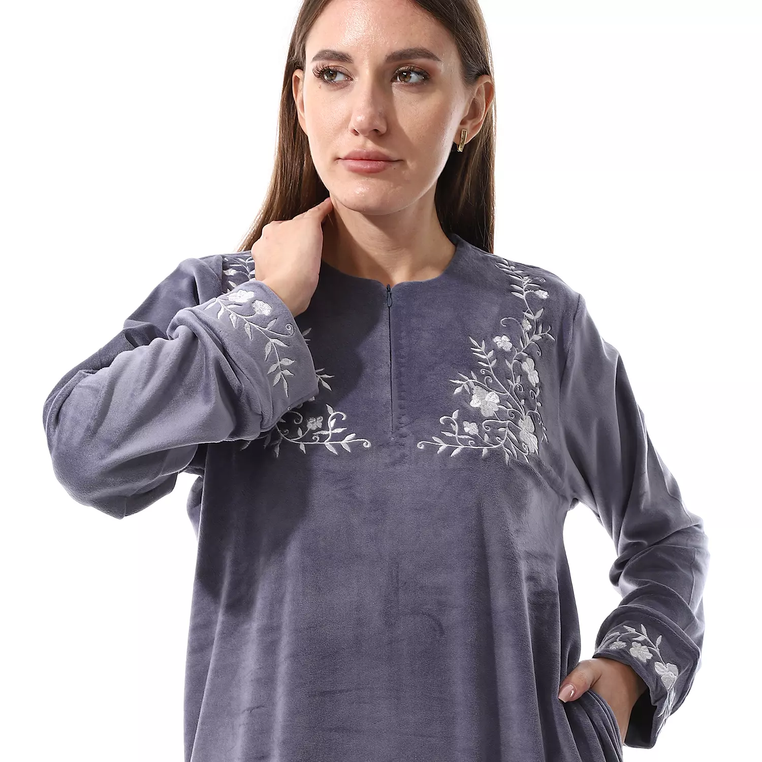 Shorto Women Nightgown Fleece Round Neck - Embroidery Flower - 2525 - Grey 3