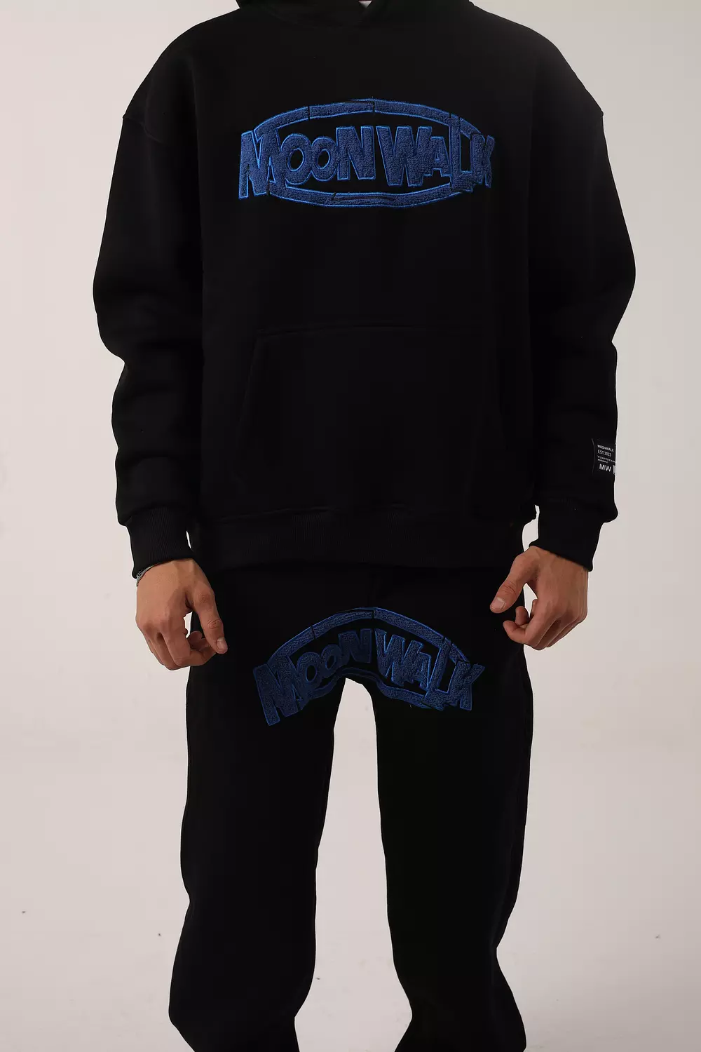 Black Blue Embroidery Sweatpants. 3