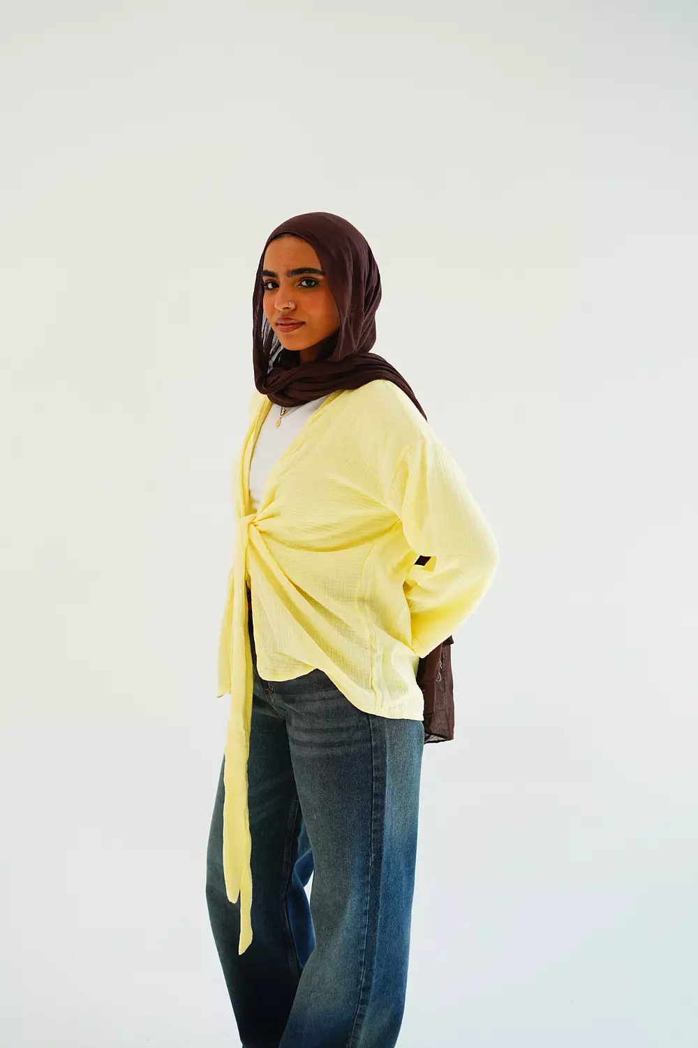 Yellow open cotton blouse with front tie 2