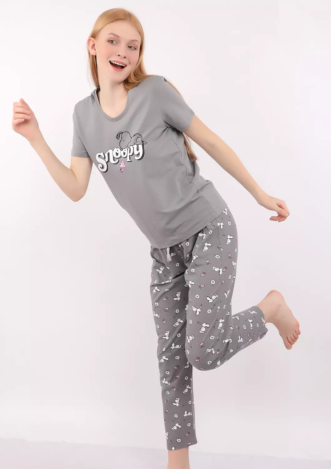 S121 Snoopy Printed Full-Length pants Pajama Set 4