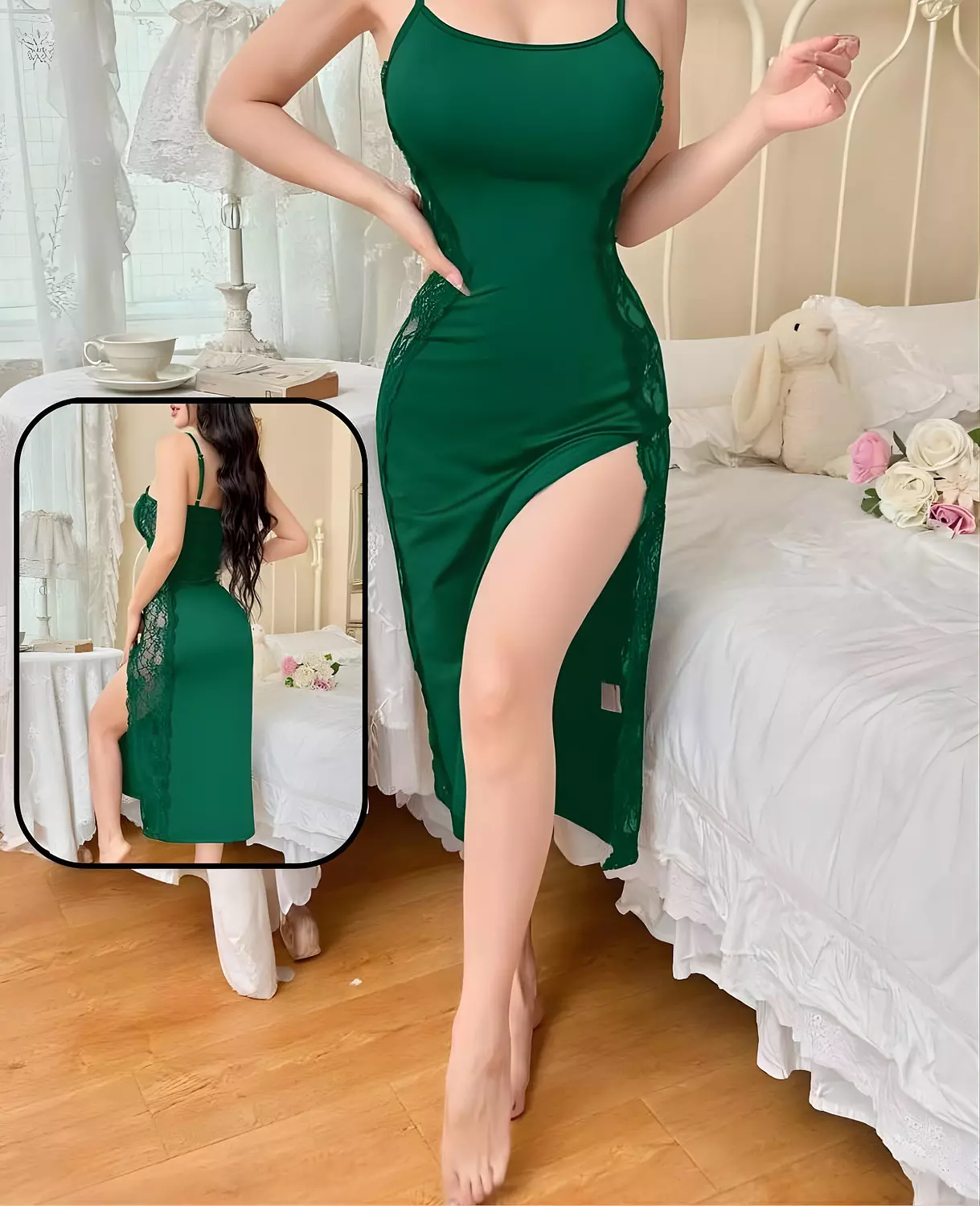 Side Lace Panel High Slit Midi Nightgown 8