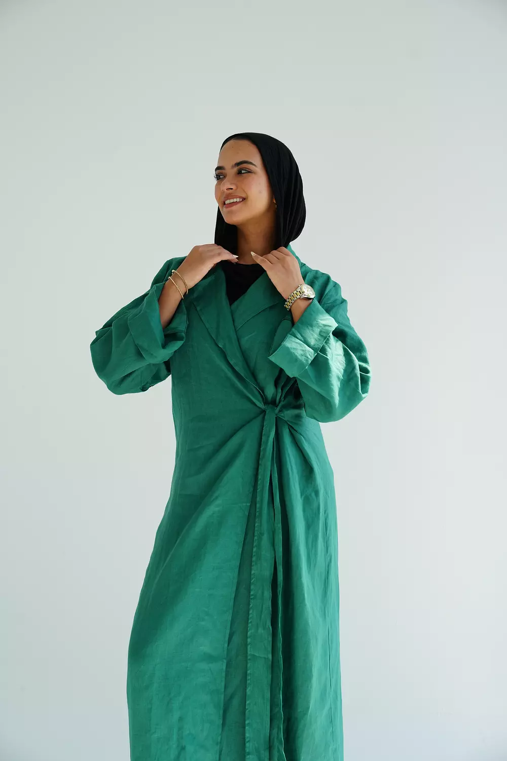 Green side-tie linen dress  3