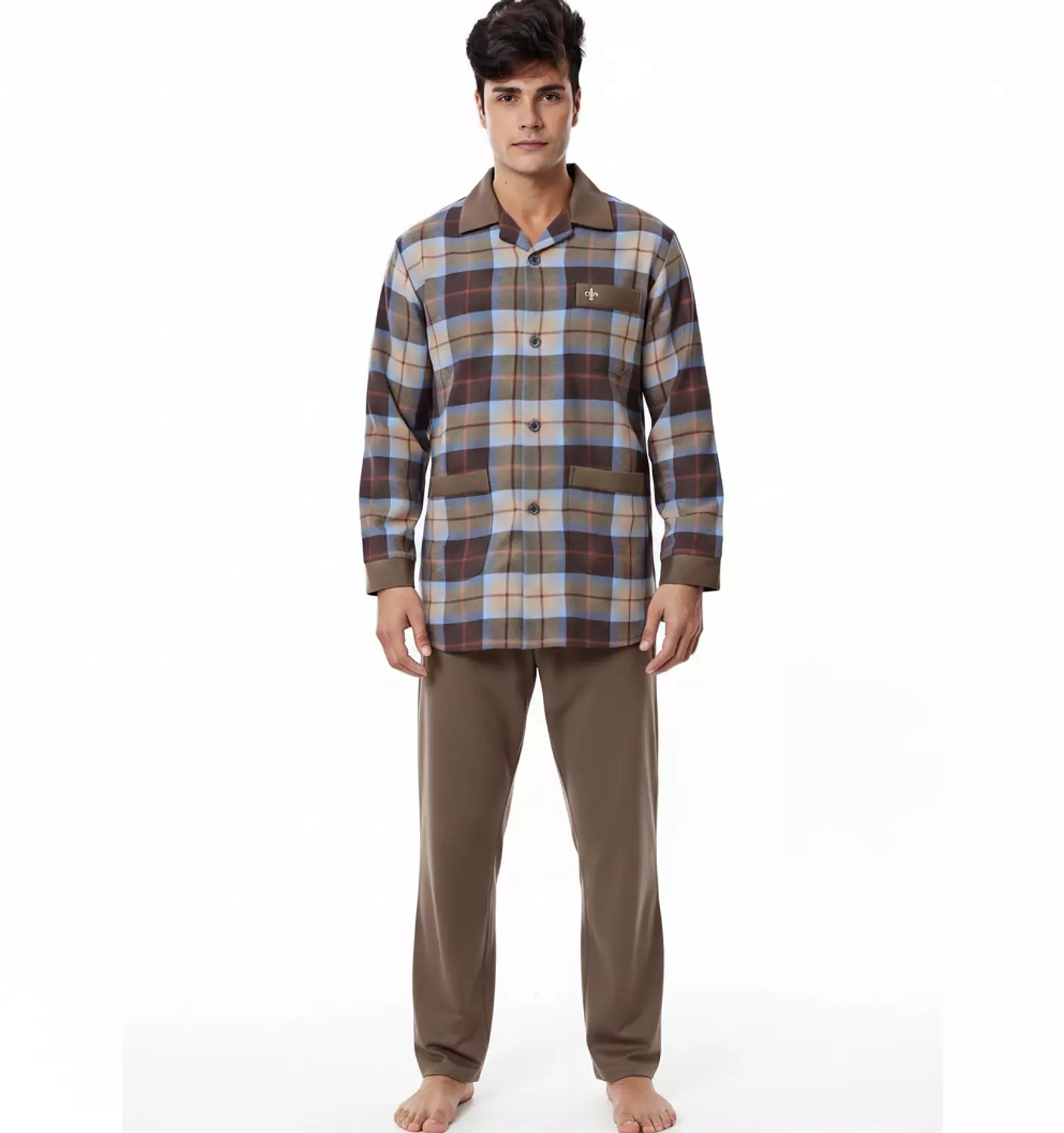 Shorto Classic Viyella Material Pajama Set - 2300 -Brown * Light Blue* Red Line image