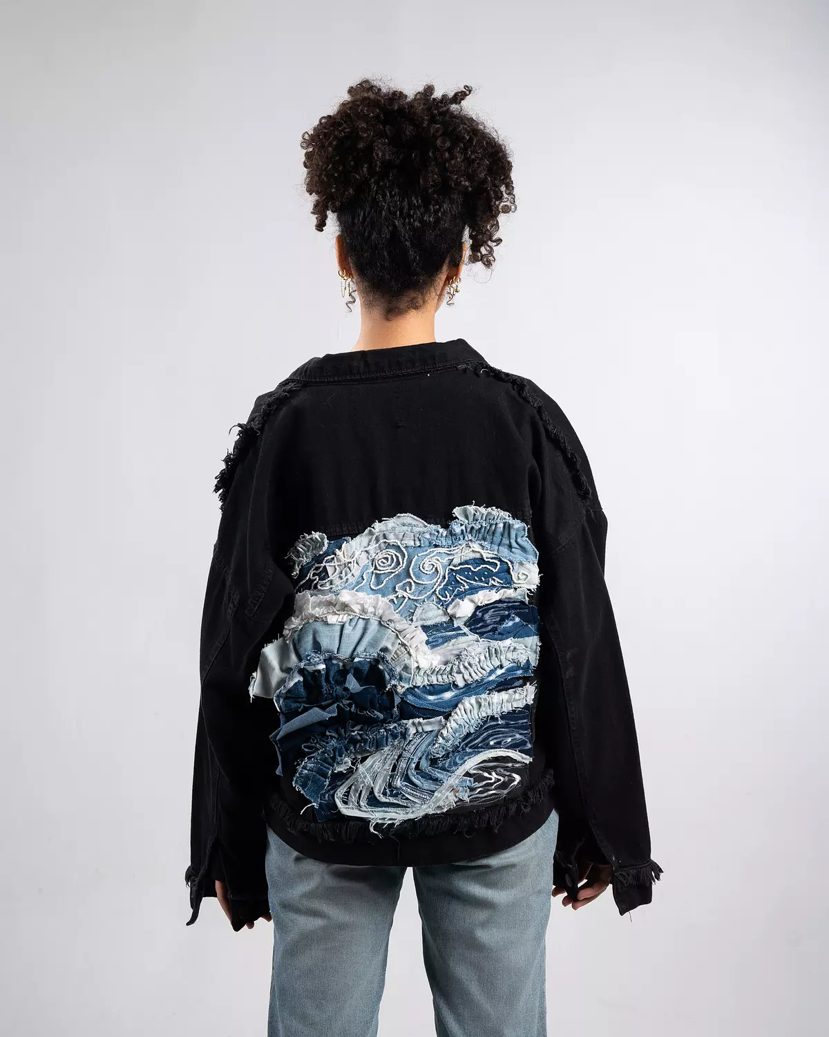 Beyond the blue” fabric collage & hand-embroidered denim jacket “ hover image
